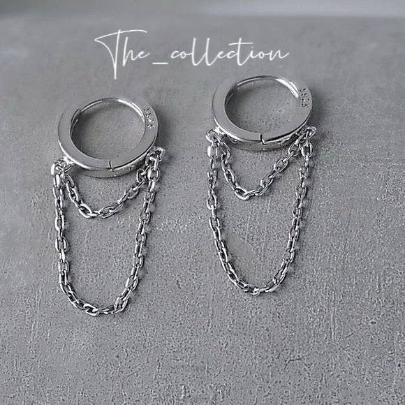 STERLING SILVER DOUBLE CHAIN DRAPE EARRINGS - Picture 2 of 4